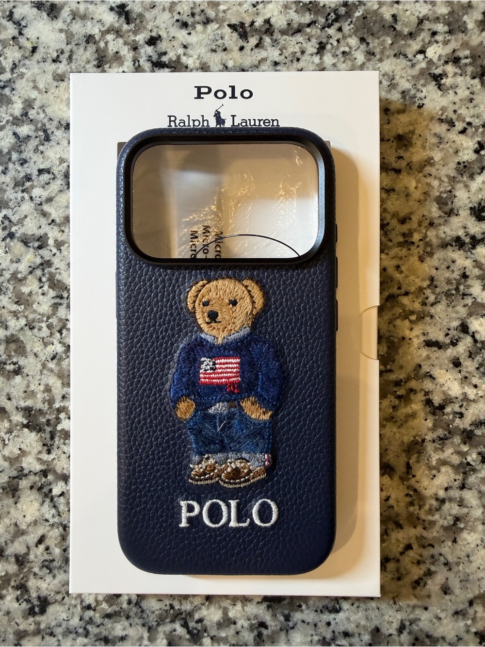 Polo by Ralph Lauren Navy Leather Bear Embroidered iPhone 17 Pro Case